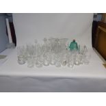TWO GLASS TABLE BELLS, A PAIR OF ART DECO MOULDED GLASS FAN SHAPED FLOWER VASES, DRINKING GLASSES