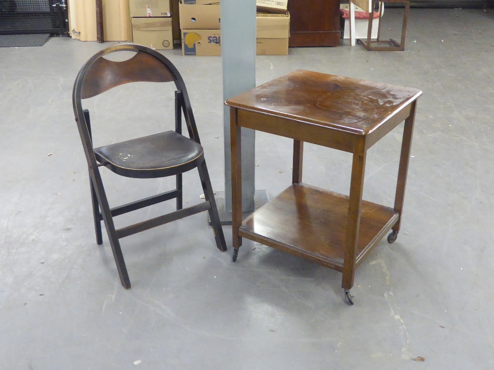 A POLISHED WOOD SMALL SQUARE COFFEE TABLE, AND A FOLD FLAT CHAIR