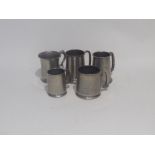 FIVE PRESENTATION PEWTER TANKARDS (5)