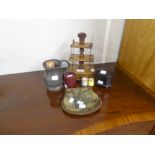 A VICTORIAN WOODEN BOBBIN HOLDER, THREE TIERS OVER SINGLE DRAWER, A PEWTER PINT TANKARD, A CASED