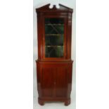 EDWARDIAN LINE INLAID MAHOGANY TWO PART FLOOR STANDING CORNER CUPBOARD, the break arch pediment