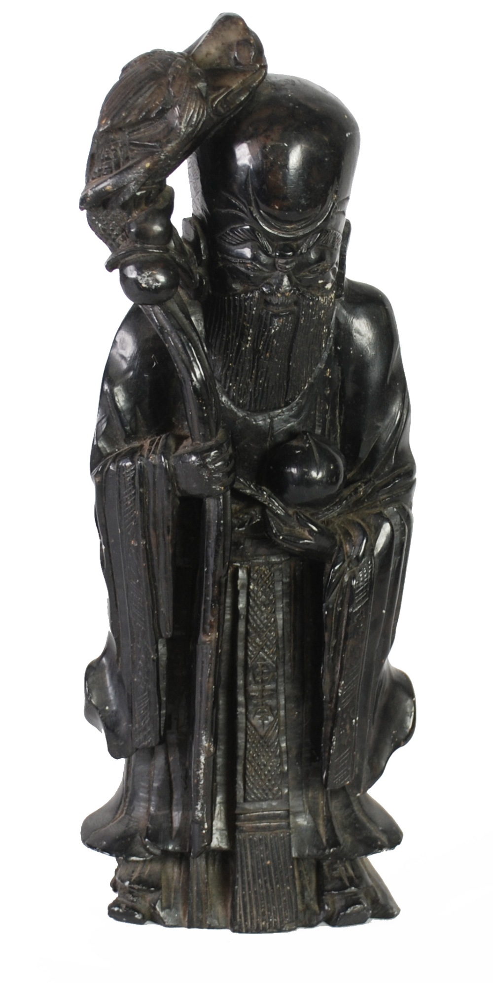 NINETEENTH CENTURY CHINESE CARVED HARDSTONE FIGURE OF A DEITY, modelled holding a persimmon fruit - Image 2 of 2