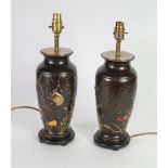 A PAIR OF JAPANESE MEIJI PERIOD CHOCOLATE - BROWN PATINATED BRONZE VASES (now as electric table