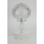 1930s STYLE CUT GLASS TABLE LAMP with orbicular shade, baluster column and domed foot, 15 1/4" (38.