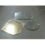 A FRAMELESS FANCY BEVELLED EDGE WALL MIRROR, 2'4" WIDE AND TWO OTHER FRAMELESS WALL MIRRORS (3)