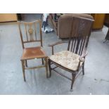 AN EARLY TWENTIETH CENTURY STAINED BEECHWOOD OPEN ARMCHAIR AND A BEECHWOOD BEDROOM CHAIR (2)