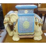 A MODERN CHINESE PORCELAIN GARDEN SEAT IN THE FORM OF AN ELEPHANT WITH DECORATIVE ATTIRE