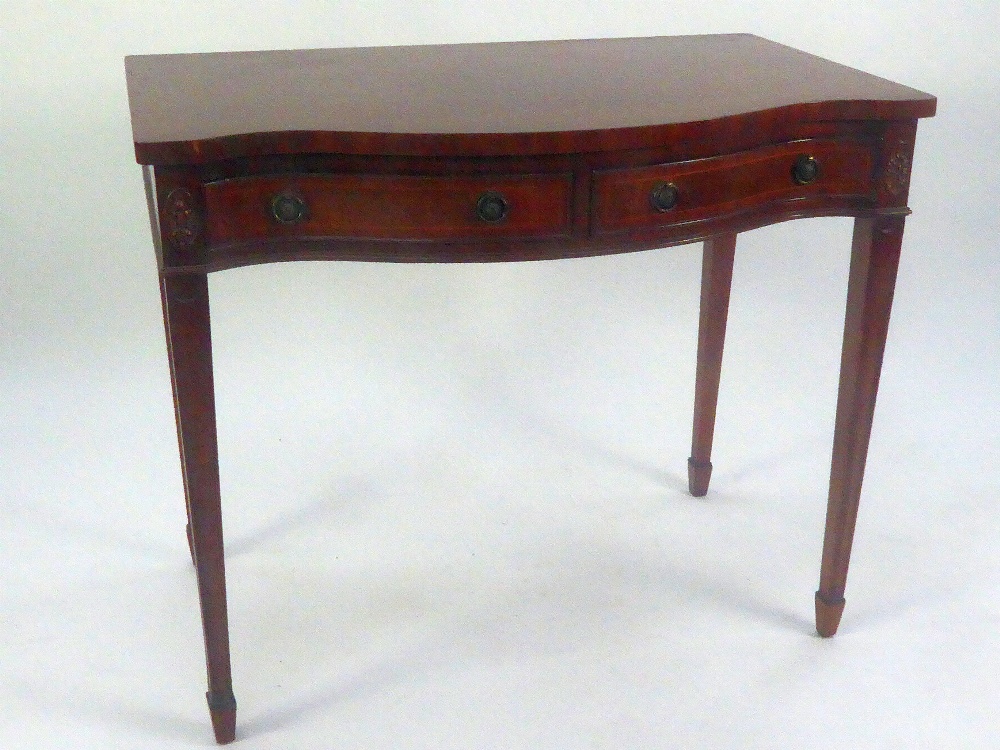 GEORGIAN STYLE LINE INLAID MAHOGANY SIDE TABLE, WITH SERPENTINE FRONT WITH TWO FRIEZE DRAWERS ON