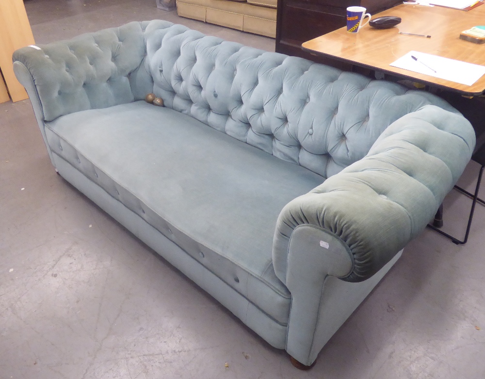 AN EARLY 1900's CHESTERFIELD STYLE SOFA, THREE SEATER IN DUCK EGG BLUE VELVET ON BUN FEET