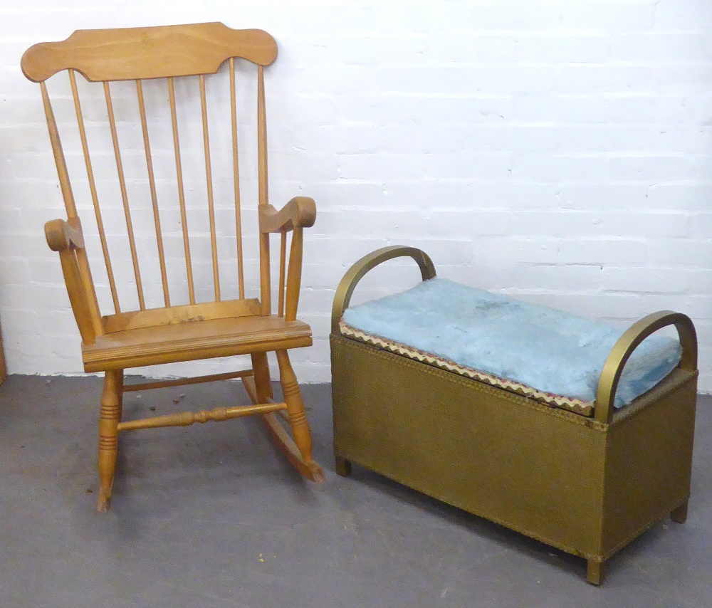 A LIGHT WOOD MODERN WINDSOR ROCKING CHAIR AND A LOOM OTTOMAN STOOL