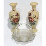 A PAIR OF VICTORIAN OPAQUE GLASS VASES, PAINTED WITH FLOWERS AND A GEORGE VI GLASS BASKET PATTERN