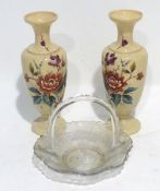 A PAIR OF VICTORIAN OPAQUE GLASS VASES, PAINTED WITH FLOWERS AND A GEORGE VI GLASS BASKET PATTERN