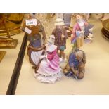 TWO MODERN CHINESE FIGURINES OF FISHERMEN, ANOTHER OF A CONTINENTAL FISHERMAN AND A MAIDEN AND