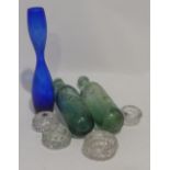 TWO OLD GREEN GLASS POP BOTTLES, BRISTOL BLUE GLASS SLENDER VASE AND FOUR VICTORIAN GLASS SALTS (7)