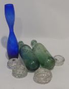 TWO OLD GREEN GLASS POP BOTTLES, BRISTOL BLUE GLASS SLENDER VASE AND FOUR VICTORIAN GLASS SALTS (7)