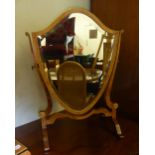 A BURR WALNUTWOOD FRAMED DRESSING TABLE MIRROR, THE SHAPED SWING MIRROR ON STAND AND A LADY'S INLAID