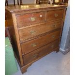 VICTORIAN OAK CHEST OF DRAWERS, TWO SHORT OVER THREE LONG GRADUATED DRAWERS, ALL RAISED ON SHAPED