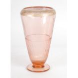 MOSER STYLE MOULDED PINK GLASS VASE of part ribbed flared form with acid etched floral gilt border