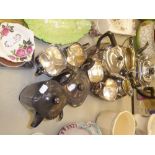 A SELECTION OF ELECTROPLATE TO INCLUDE; PART TEA SETS AND AN OVAL TEA TRAY