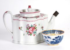 LATE 18th CENTURY NEWHALL PORCELAIN TEAPOT OF LOZENGE FORM with scroll handle, painted in colours