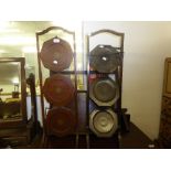 AN INLAID MAHOGANY THREE TIER FOLDING STAND, ANOTHER AND AN OAK TRAY ON FOLDING STAND (A.F.)