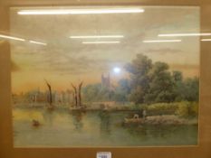 CHROMOLITHOGRAPH RIVER SCENE FIGURES WITH ROWING BOAT