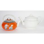 VICTORIAN PORCELAIN ETRUSCAN STYLE GLOBULAR TEAPOT, PAINTED WITH CHARIOTS ON A ORANGE GROUND, HAVING