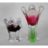 TWO FLYGSFORS COQUILLE GLASS VASES, both of waisted form with white lined wavy rims, one with