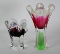TWO FLYGSFORS COQUILLE GLASS VASES, both of waisted form with white lined wavy rims, one with