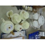 AYNSLEY CHINA LEAF MOULDED TETE-A-TETE INCLUDING; A TEAPOT AND HOT WATER JUG, 9 PIECES AND AN ARGYLE