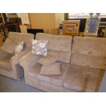 A SETTEE AND MATCHING LOUNGE ARMCHAIR, COVERED IN FAWN SELF PATTERNED FABRIC