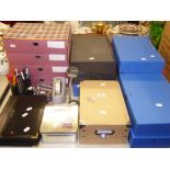 A UNIFORM PHOTOGRAPH ALBUM, VARIOUS FILING BOXES AND DESK REQUISITES