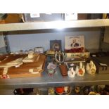 MIXED LOT TO INCLUDE; GAMES, CRESTED WARES, DECORATIVE DESK SET, PEWTER DISH, GLASS PAPERWEIGHTS,