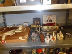 MIXED LOT TO INCLUDE; GAMES, CRESTED WARES, DECORATIVE DESK SET, PEWTER DISH, GLASS PAPERWEIGHTS,