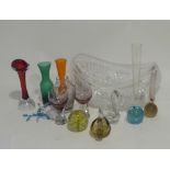 HEAVY CUT GLASS LARGE BOAT SHAPED BOWL AND TWELVE COLOURED GLASS VASES ETC... (13)