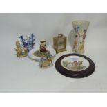 A BRASS CARRIAGE CLOCK, AN ARTHUR WOOD TRUMPET VASE, FIGURINES ETC....