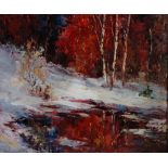 VALTER BERZINS (1925 - 2009) OIL PAINTING ON BOARD Winter scene - wooded clearing with lake Signed