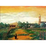 RHODES BANHAM OIL PAINTING Figure, landscape and church Signed 16" x 20" (40.6cm x 50.8cm)