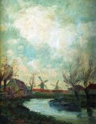 UNATTRIBUTED OIL PAINTING ON CANVAS Windmills & Fisherman in foreground signed FRETRATA ? 9 1/2" x