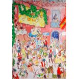 UNATTRIBUTED WATERCOLOUR DRAWING ON PAPER Vibrant Spanish festival scene with Donkeys 25" x 17" (