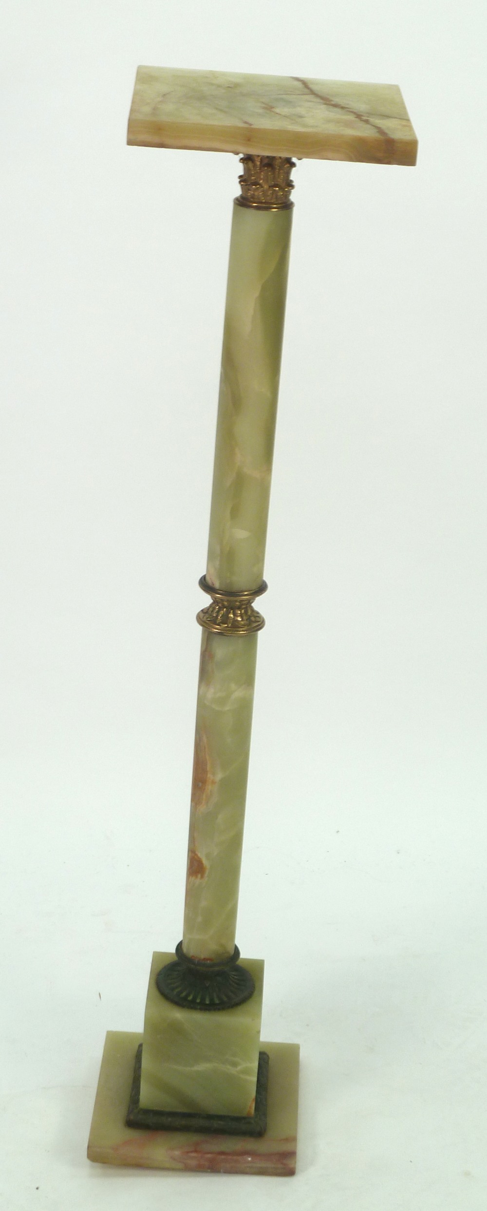 TWENTIETH CENTURY GREEN ONYX AND GILT METAL MOUNTED PEDESTAL, 39 3/4" (101.cm) high (the square base