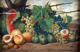 UNATTRIBUTED TWO OIL PAINTINGS ON BOARD Fruit & foliage still life Unsigned 10 1/2" s 17 1/2" (26.