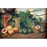 UNATTRIBUTED TWO OIL PAINTINGS ON BOARD Fruit & foliage still life Unsigned 10 1/2" s 17 1/2" (26.