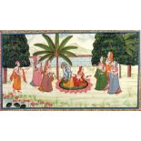 INDIAN SCHOOL WATERCOLOUR DRAWING Hindu Deities on a lotus flower with devotees in a garden 13" x