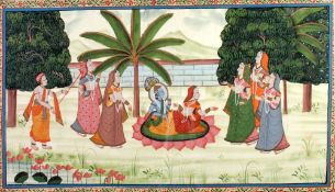 INDIAN SCHOOL WATERCOLOUR DRAWING Hindu Deities on a lotus flower with devotees in a garden 13" x