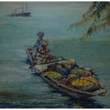 T.J.BOND (20th CENTURY) WATERCOLOUR Far East Asian figures rowing a boat , a cargo ship in the