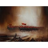 JOHN BAMPFIELD (b.1947) OIL PAINTING ON CANVAS Cavalry charge Signed 11 3/4" x 16" (29.8cm x 40.6cm)