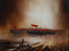 JOHN BAMPFIELD (b.1947) OIL PAINTING ON CANVAS Cavalry charge Signed 11 3/4" x 16" (29.8cm x 40.6cm)