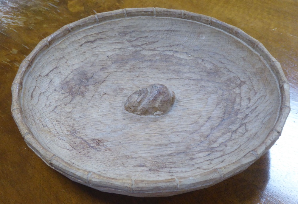 A PETER 'RABBITMAN' HEAP, ADZED OAK BOWL, with bamboo pattern border, the centre of the bowl