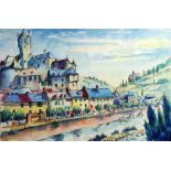 SYDNEY ARROBUS (1901-1990) WATERCOLOUR DRAWING 'Estaing, France' from across the River Signed &
